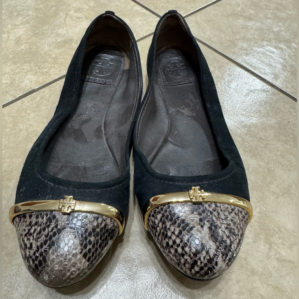 Tory Burch Black and Gold Flats with Snakeskin Toe
